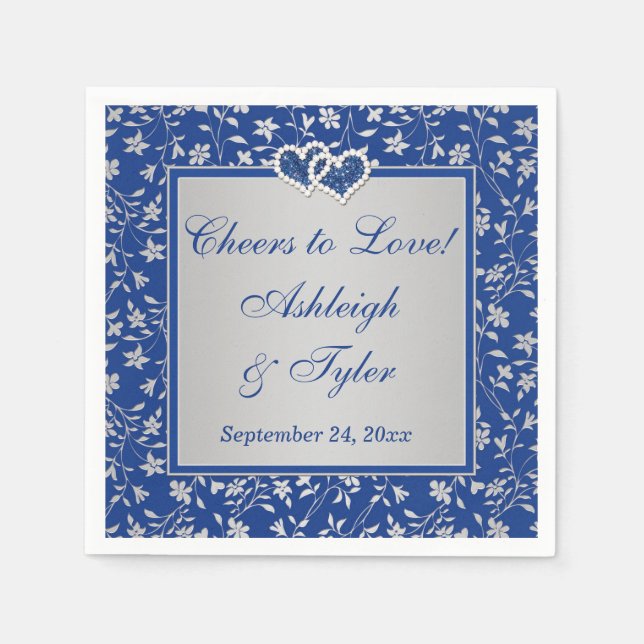 Royal Blue, Silver Gray Floral Paper Wedding Napkins (Front)