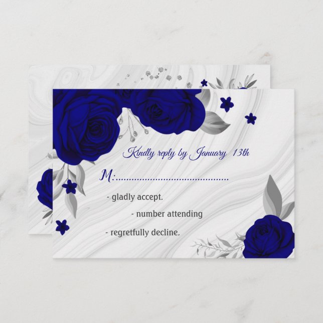 royal blue silver gray floral  RSVP card (Front/Back)