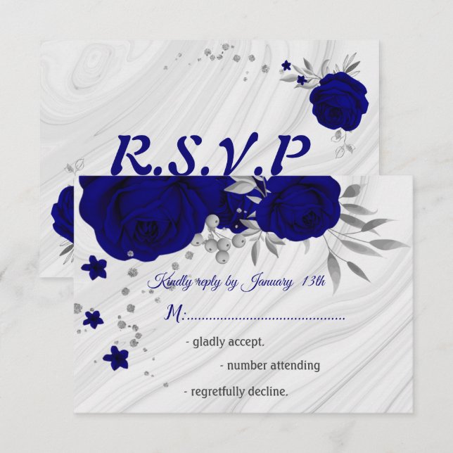 royal blue silver gray floral  RSVP card (Front/Back)