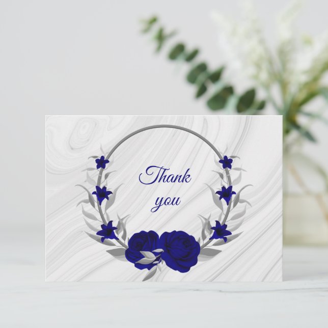 royal blue silver gray floral wreath marble  thank you card (Standing Front)