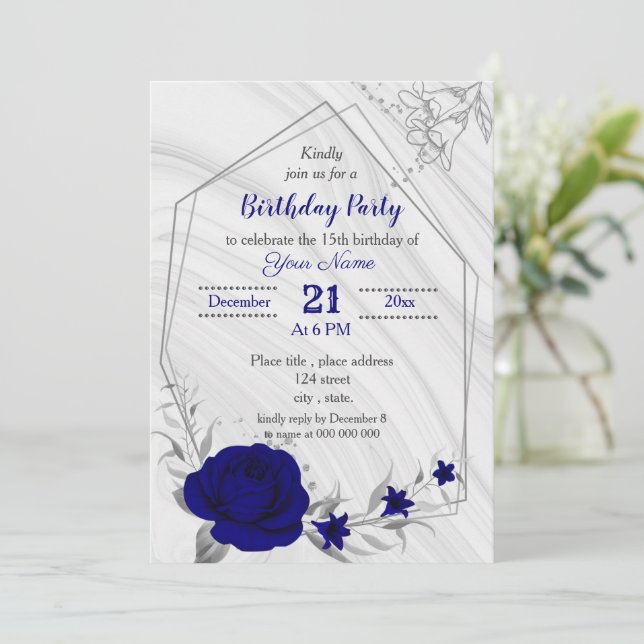 royal blue silver gray geometric birthday party in invitation (Standing Front)