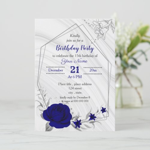 royal blue silver gray geometric birthday party in invitation