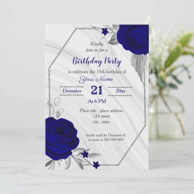 royal blue silver gray geometric birthday party invitation (Standing Front)