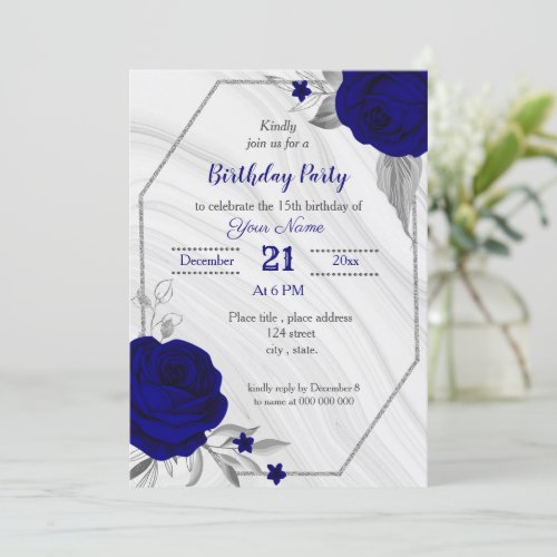 royal blue silver gray geometric birthday party invitation
