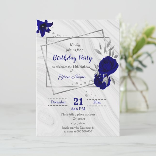 royal blue silver gray geometric birthday party invitation (Standing Front)