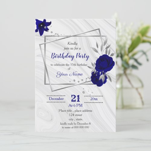 royal blue silver gray geometric birthday party invitation