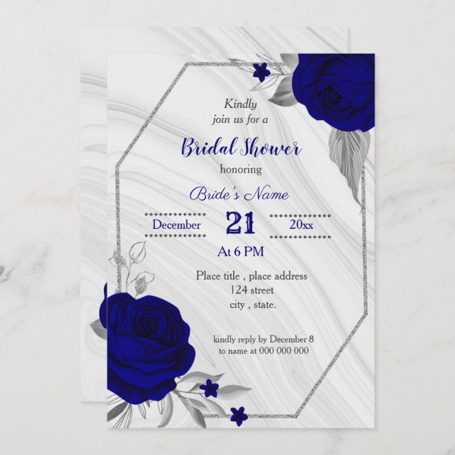 royal blue silver gray geometric bridal shower inv invitation (Front/Back)