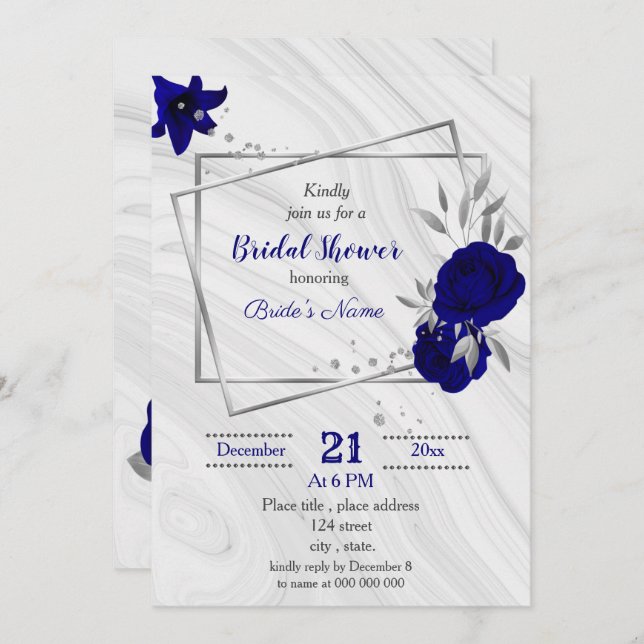 royal blue silver gray geometric bridal shower invitation (Front/Back)