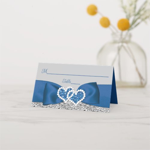 Royal Blue Silver Gray Love Hearts Wedding Place Card