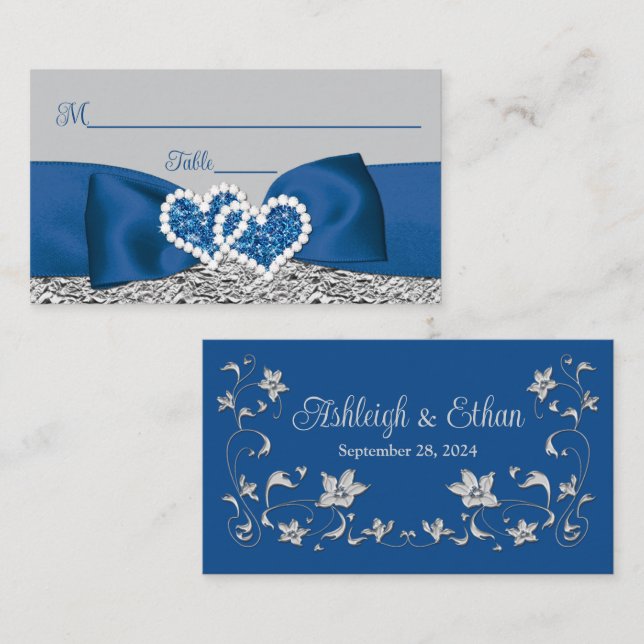 Royal Blue, Silver, Gray Love Hearts Wedding Place Card (Front/Back)