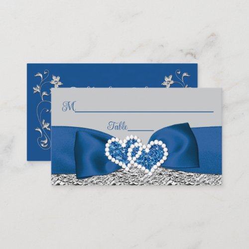 Royal Blue Silver Gray Love Hearts Wedding Place Card