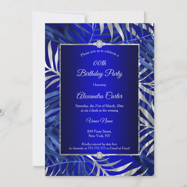 Royal Blue Silver Gray Palm Diamond Birthday Party Invitation (Front)