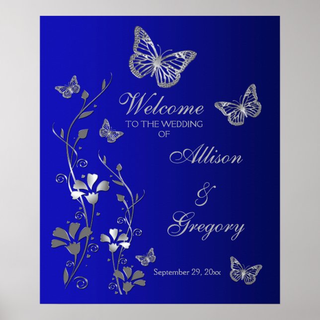 Royal Blue, Silver Gray Wedding Welcome Poster (Front)