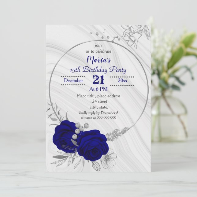 royal blue silver gray wreath birthday party invitation (Standing Front)