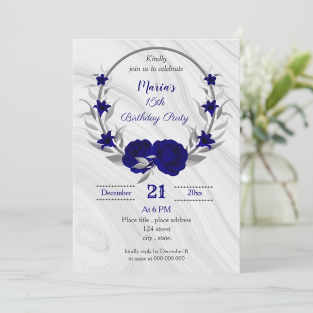 royal blue silver gray wreath birthday party invitation (Standing Front)