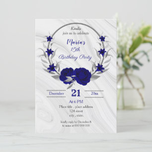 royal blue silver gray wreath birthday party invitation