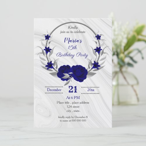 royal blue silver gray wreath birthday party invitation