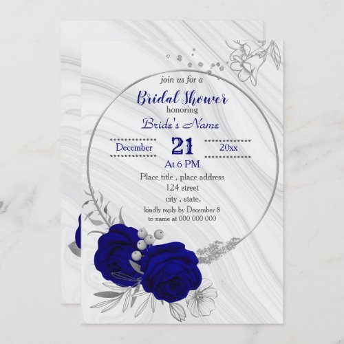 royal blue silver gray wreath bridal shower  invitation