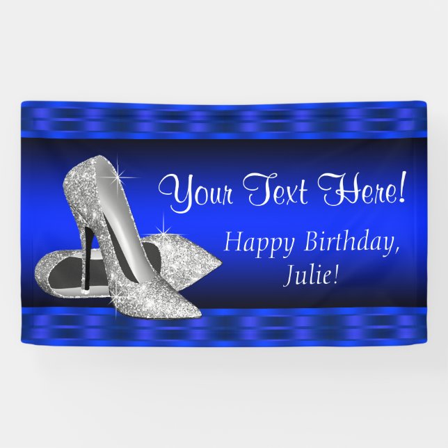Royal Blue Silver High Heel Shoe Birthday Party Banner (Horizontal)