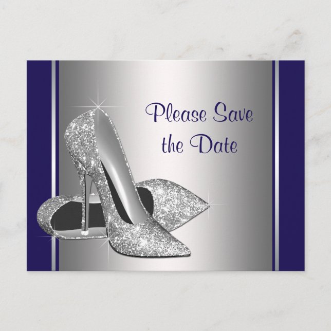 Royal Blue Silver High Heel Shoe Save The Date Announcement Postcard (Front)