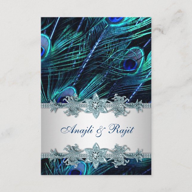 Royal Blue Silver Indian Peacock Reception Cards (Front)