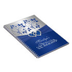 Royal Blue, Silver Joined Hearts Floral Notebook