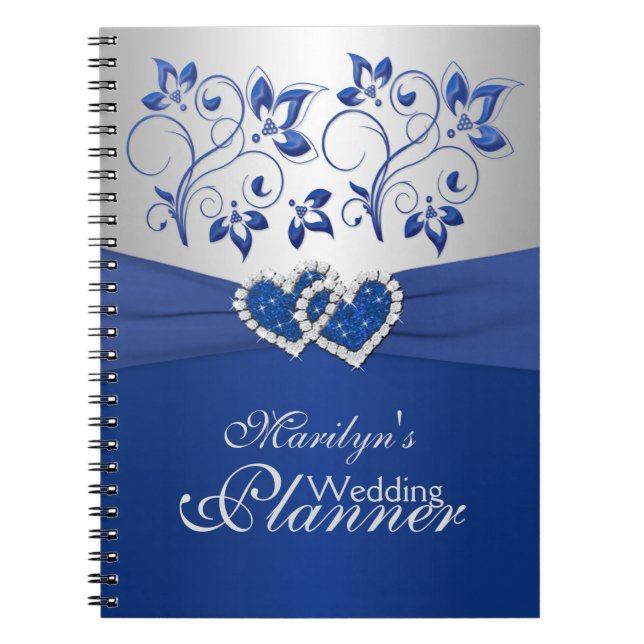 Royal Blue, Silver Joined Hearts Floral Notebook (Front)