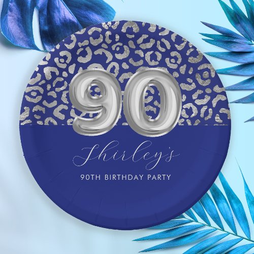 Royal Blue Silver Leopard Print 90th Birthday Paper Plates