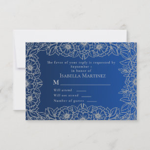Royal Blue Silver Line Art Floral Quinceañera RSVP Card