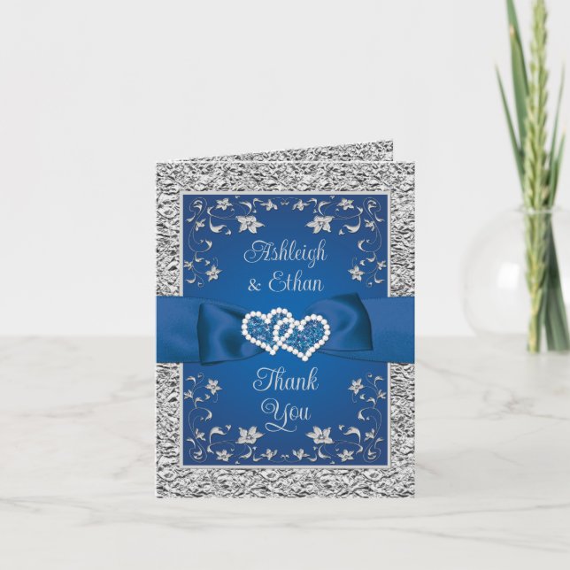 Royal Blue, Silver Love Hearts Thank You Card (Front)