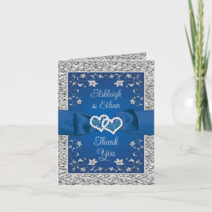 Royal Blue, Silver Love Hearts Thank You Card