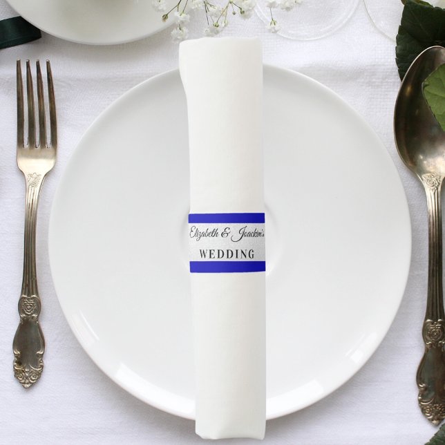 Royal blue silver names wedding dinner napkin bands (Creator Uploaded)