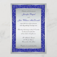 Royal Blue, Silver Ornate Scrolls Wedding Invite