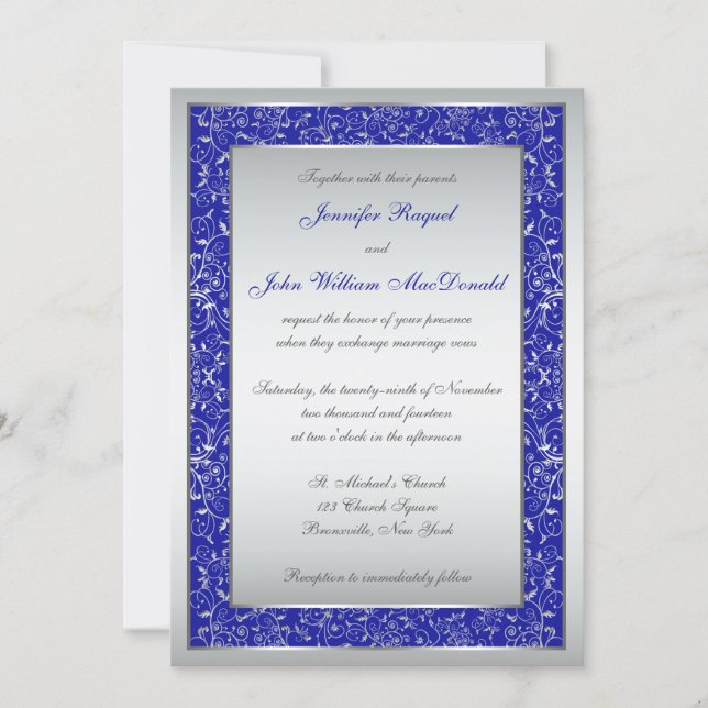 Royal Blue, Silver Ornate Scrolls Wedding Invite (Front)