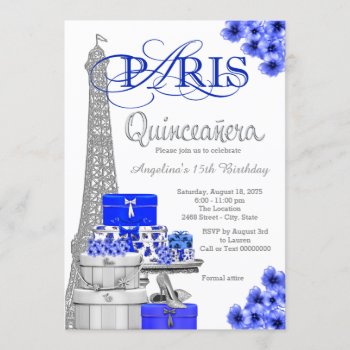 Royal Blue Silver Paris Quinceanera Invitations by Pure_Elegance at Zazzle