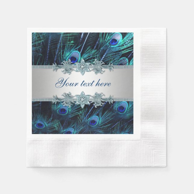 Royal Blue Silver Peacock Napkins (Front)