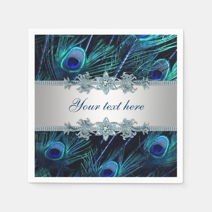 Royal Blue Silver Peacock Paper Napkins Zazzle