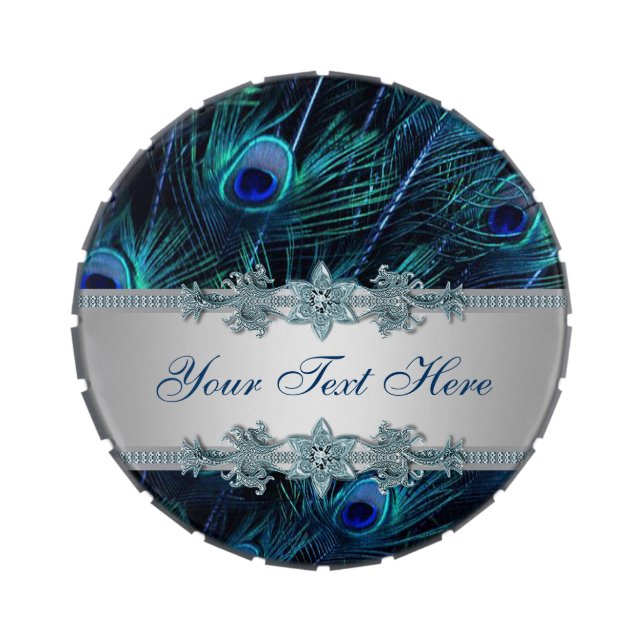 Royal Blue Silver Peacock Wedding Mints and Candy Jelly Belly Candy Tin (Top)