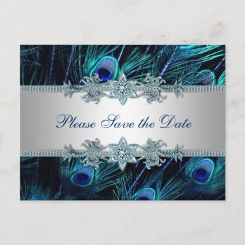 Royal Blue Silver Peacock Wedding Save The Date Announcement Postcard by decembermorning at Zazzle