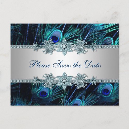 Royal Blue Silver Peacock Wedding Save the Date Announcement Postcard