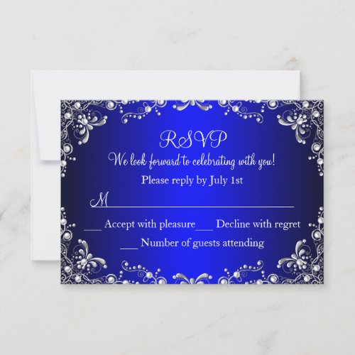 Royal Blue Silver Pearl Damask Sweet 16 RSVP