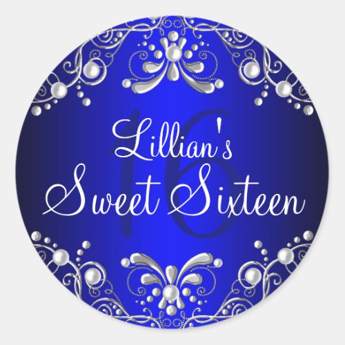 Royal Blue Silver Pearl Damask Sweet 16 Sticker