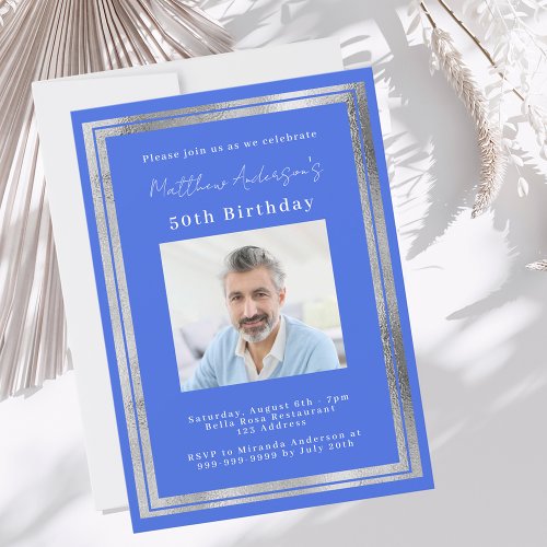 Royal blue silver photo birthday invitation