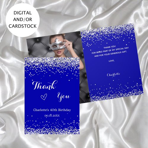 Royal blue silver photo birthday thank you card