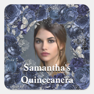 Royal blue silver PHOTO butterfly rose frame  Square Sticker