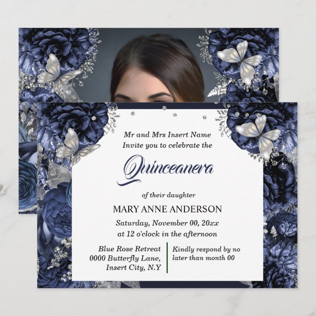 Royal blue silver PHOTO glitter butterfly elegant Invitation (Front/Back)