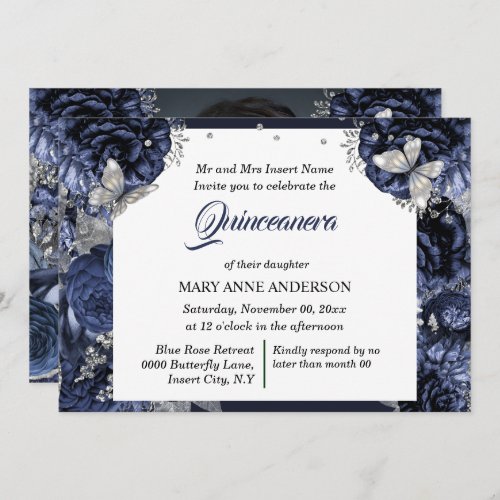 Royal blue silver PHOTO glitter butterfly elegant Invitation