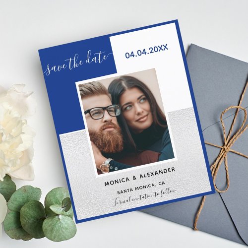 Royal blue silver photo wedding Save the Date