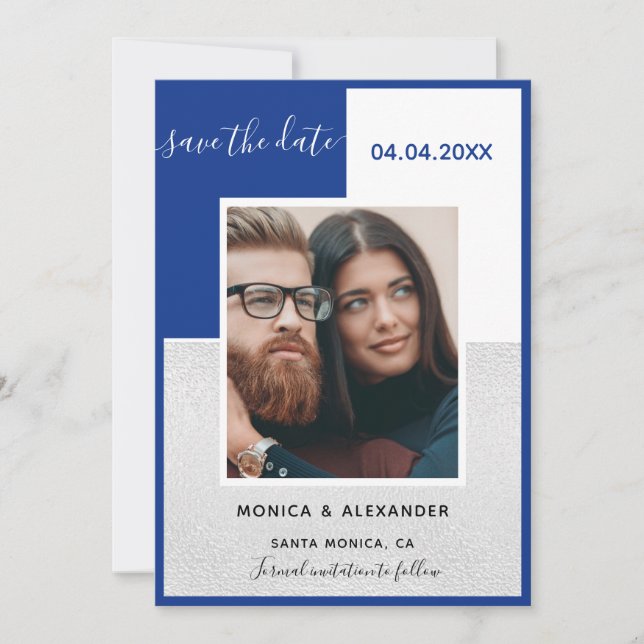Royal blue silver photo wedding Save the Date Invitation (Front)