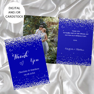 Royal blue silver photo wedding thank you card